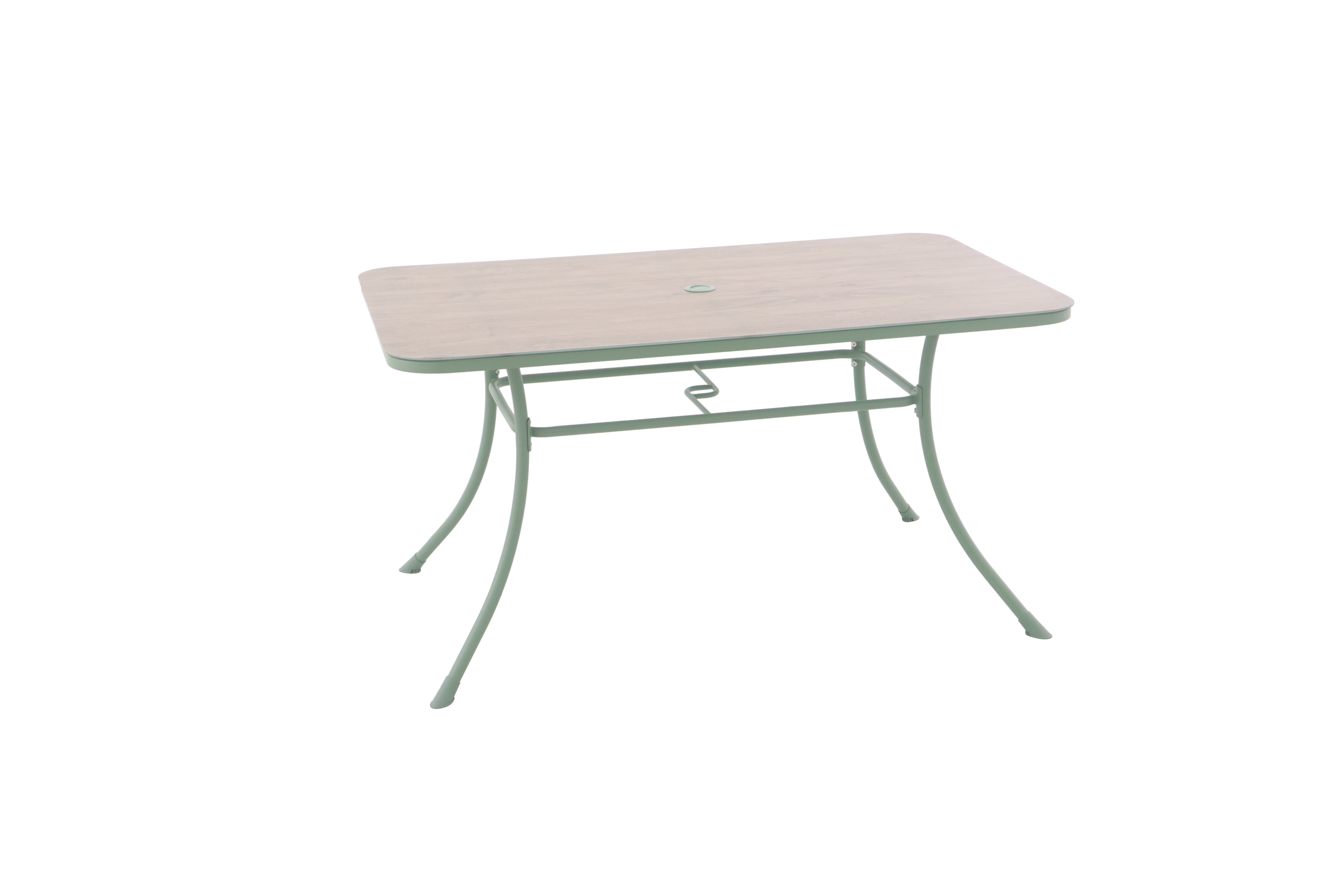 Rectangular table with a beige top and metal legs on a white background