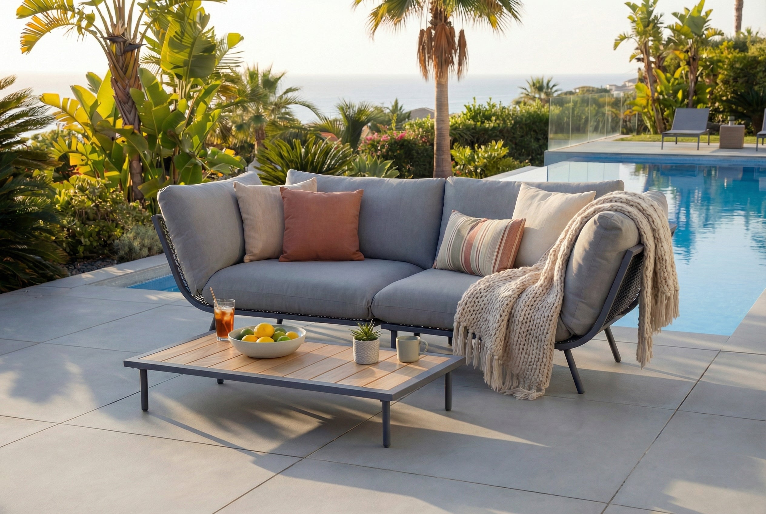 Outdoor patio set with a sofa, coffee table, and cushions by a poolside.