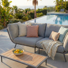Outdoor patio setting with a gray sofa, wooden coffee table, and pool in the background.