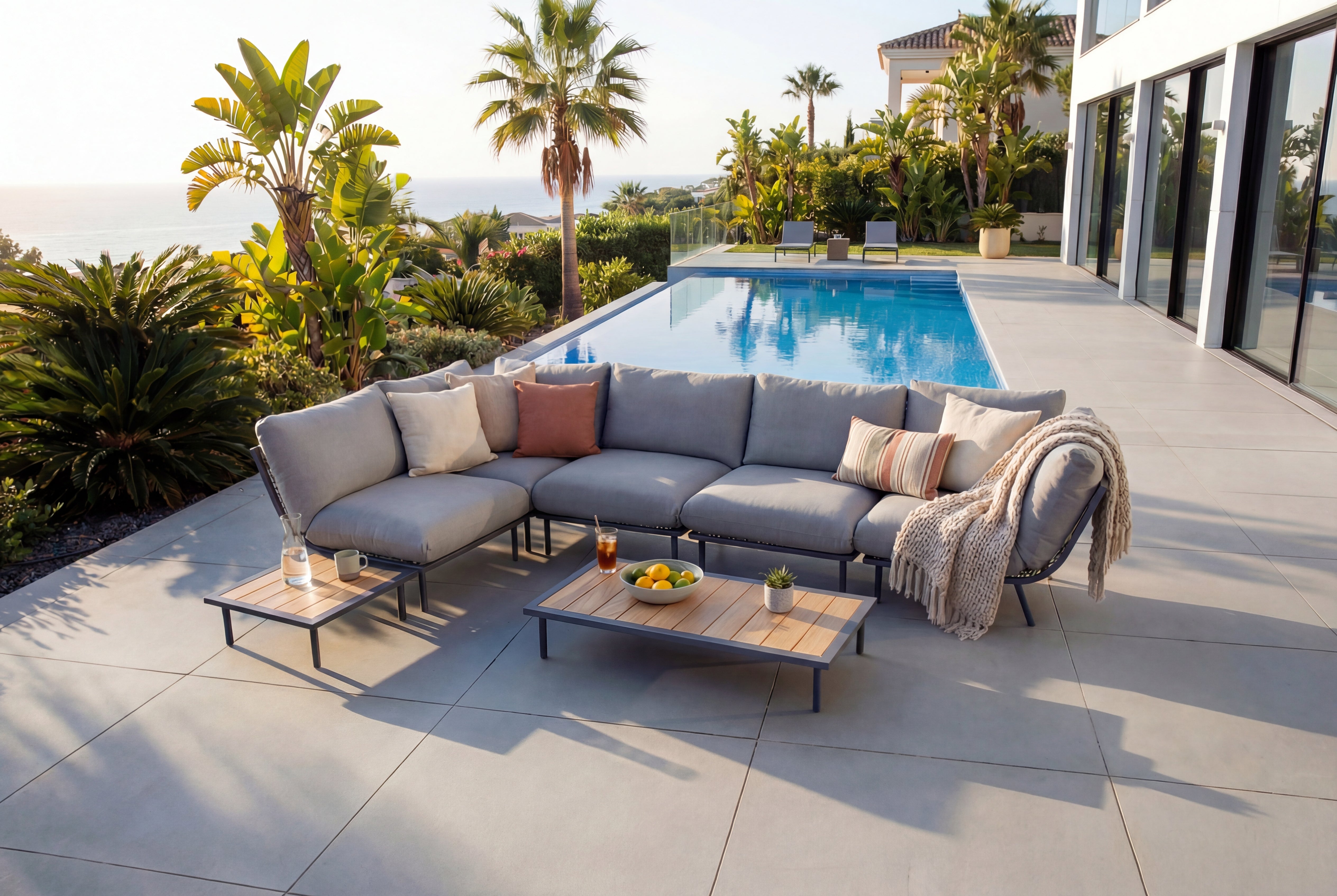 Outdoor patio set with sectional sofa, coffee table, and cushions by a poolside.