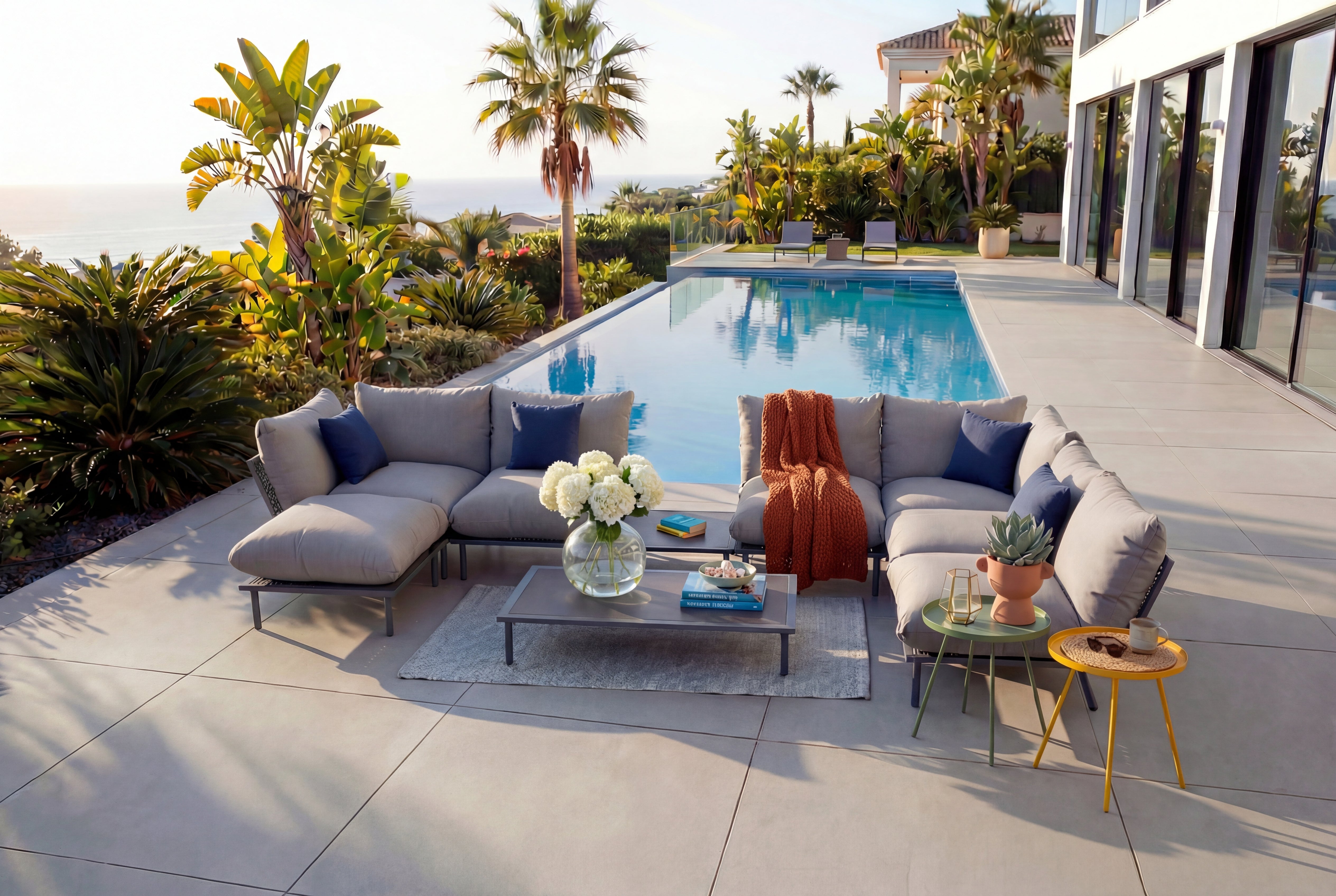 Outdoor patio with gray sectional sofa, coffee table, and decorative items near a pool.