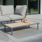Outdoor furniture set with a sofa and coffee table on a patio
