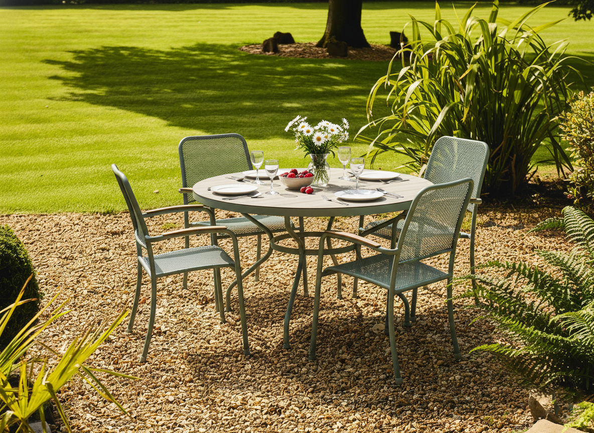 Outdoor garden setting with a round table and chairs on a gravel path, surrounded by greenery.