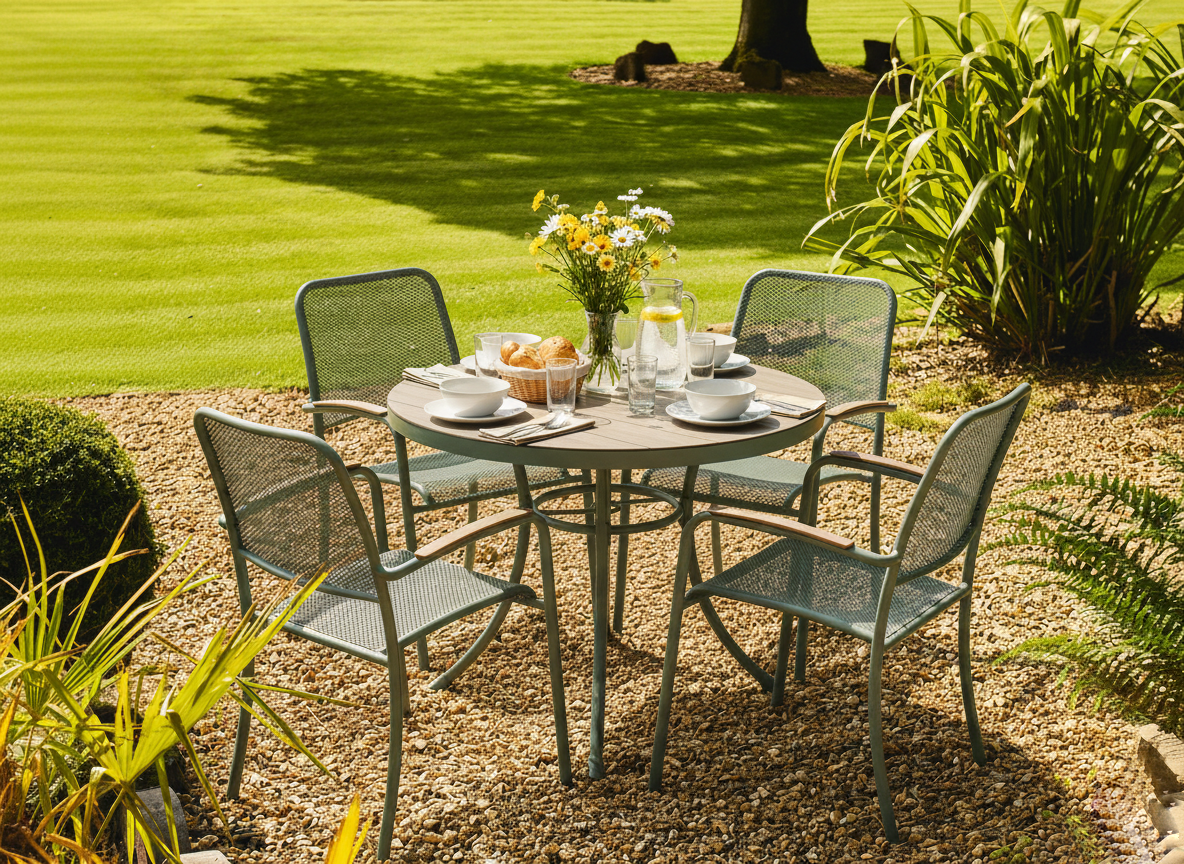 Outdoor garden dining set with a round table and 4 metal chairs  in a soft green colour 