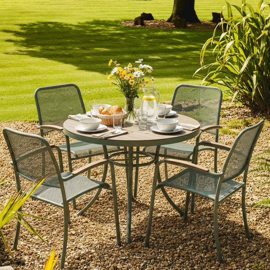 Outdoor garden dining set with a round table and 4 metal chairs  in a soft green colour 
