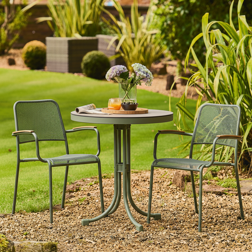 Small round Bergen bistro table by Alexander Rose with two green metal chairs with arms 