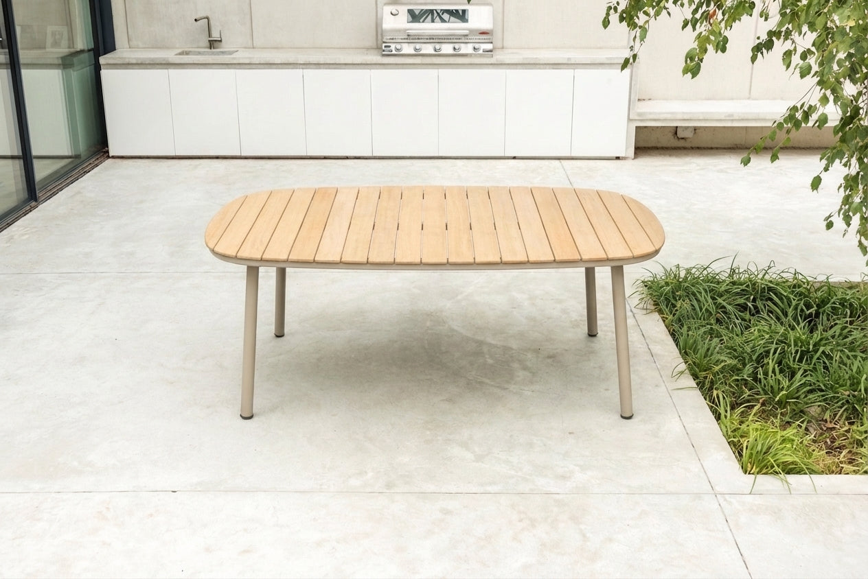 Cordial rectangular slatted wood top table with curved corners and 4 beige legs