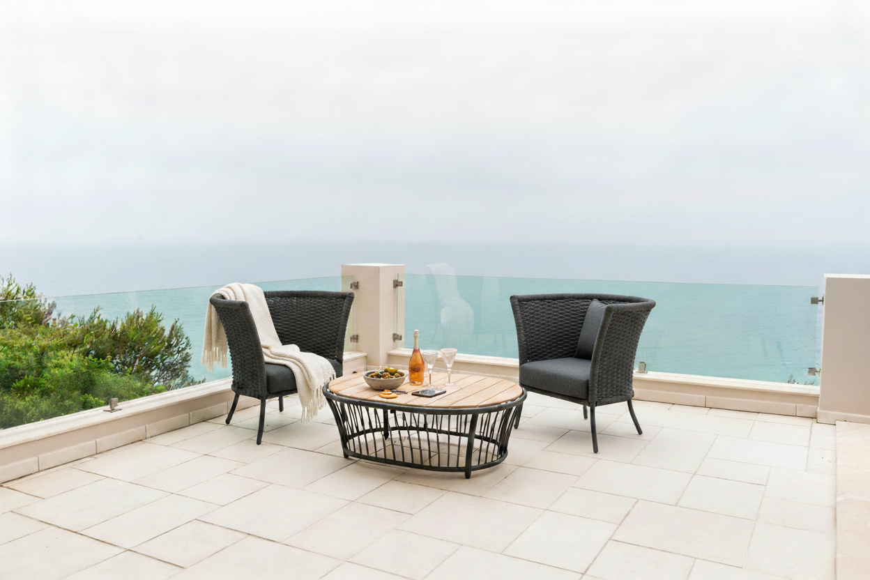 2 high back cordial dark grey chairs by Alexander Rose on a patio overlooking the sea