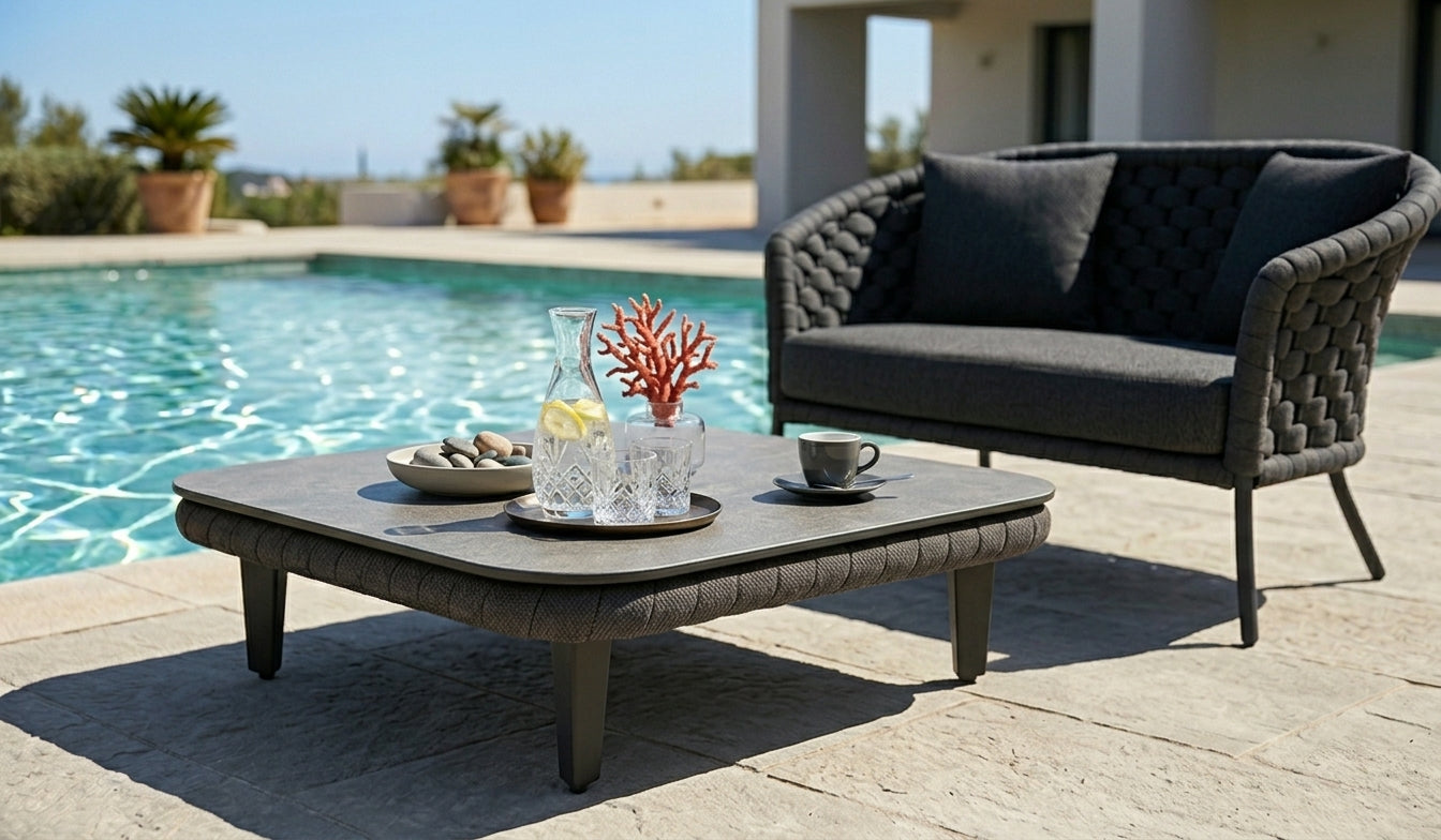 Outdoor rope patio set with coffee table and sofa by a pool
