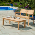 Roble garden bench with rectangular matching coffee table with coffee cups and cafetiere