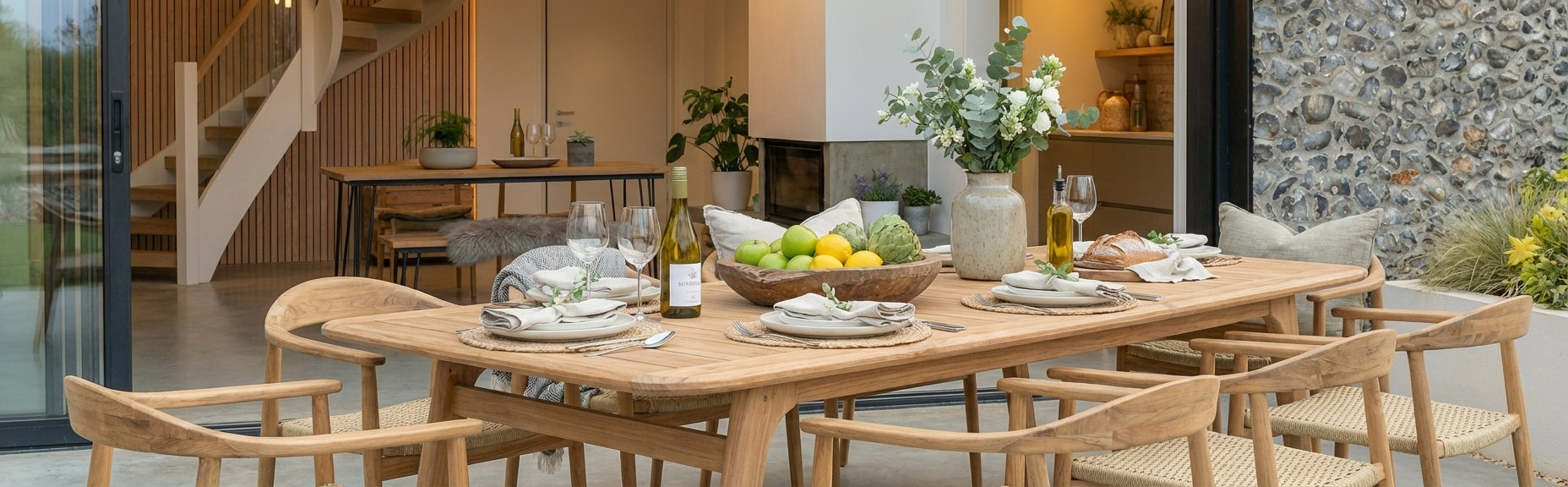 Dining table set with plates, glasses, and fruits in a modern living room.