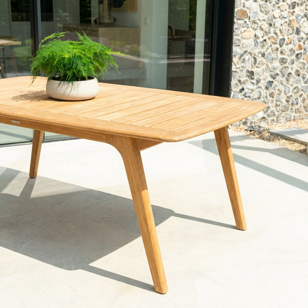 Wooden outdoor table with a plant on a patio
