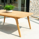 Wooden outdoor table with a plant on a patio