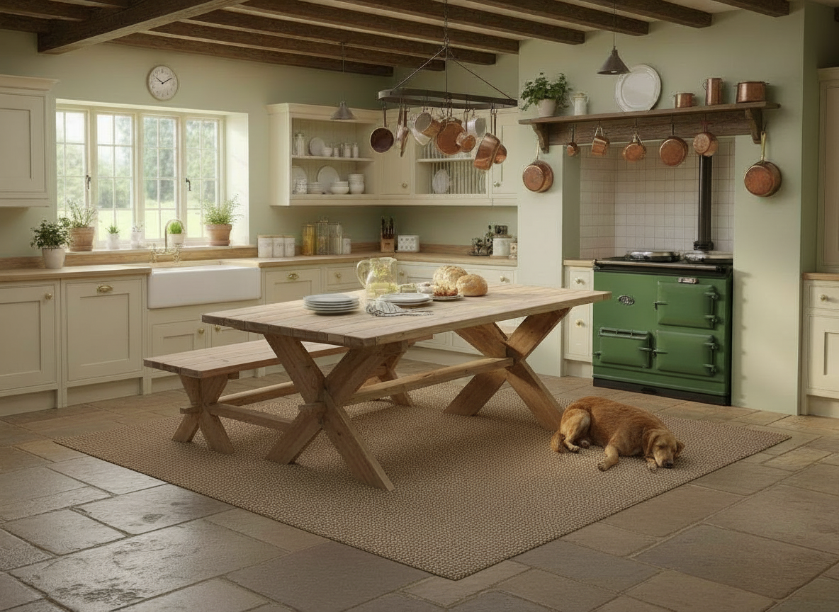 Cozy kitchen with wooden table, green Aga stove, and dog lying on the floor.