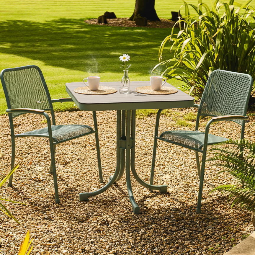 Outdoor garden table with two chairs on a gravel area with grass and plants in the background