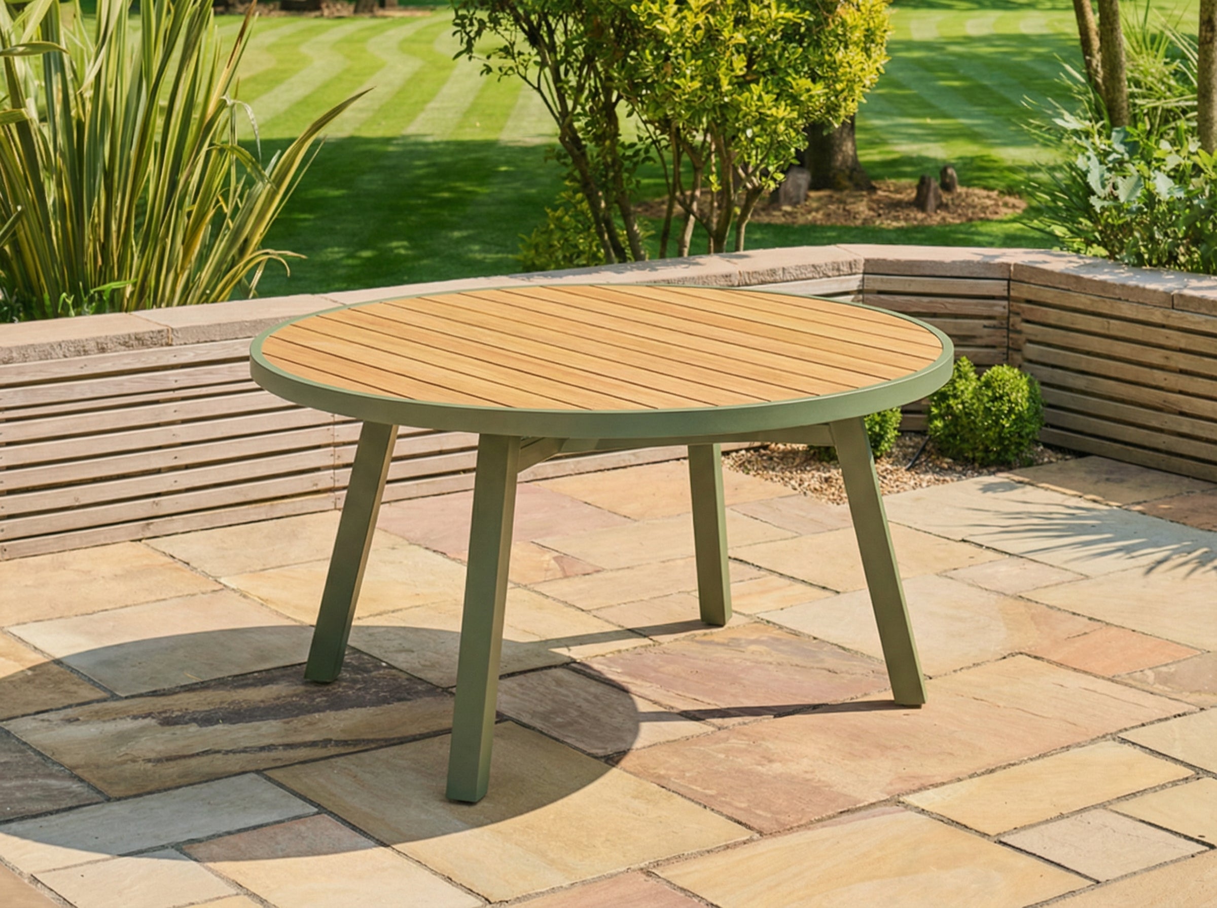 Round wooden table with green legs on a stone patio