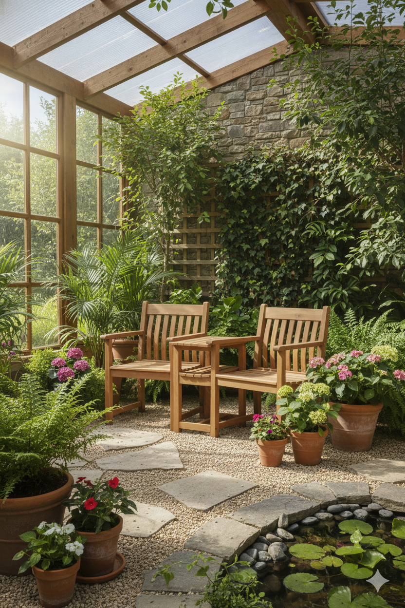 Lakeside flat arm companion set in a conservatory setting with plants