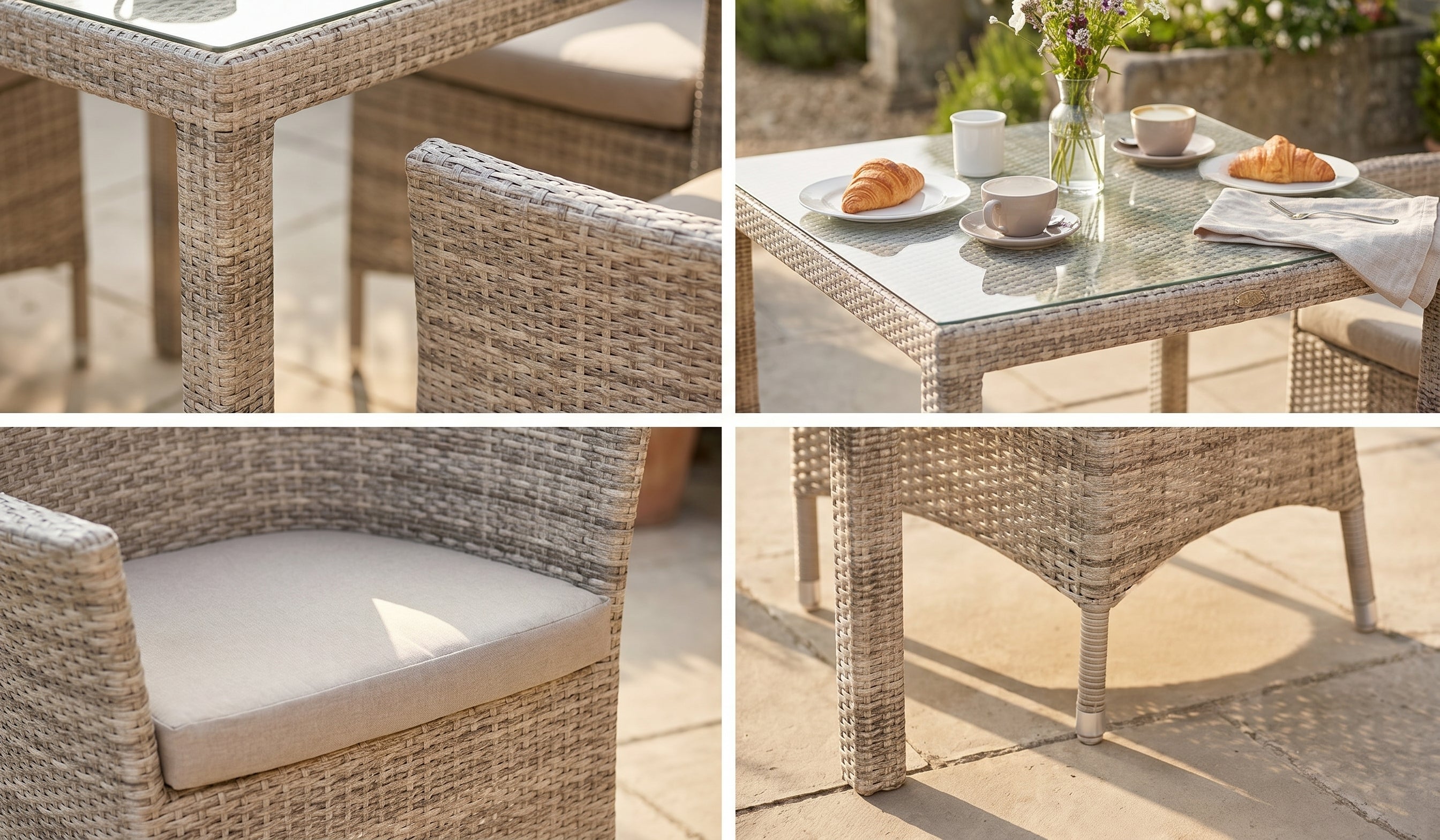 Outdoor furniture set with wicker chairs and table on a patio.