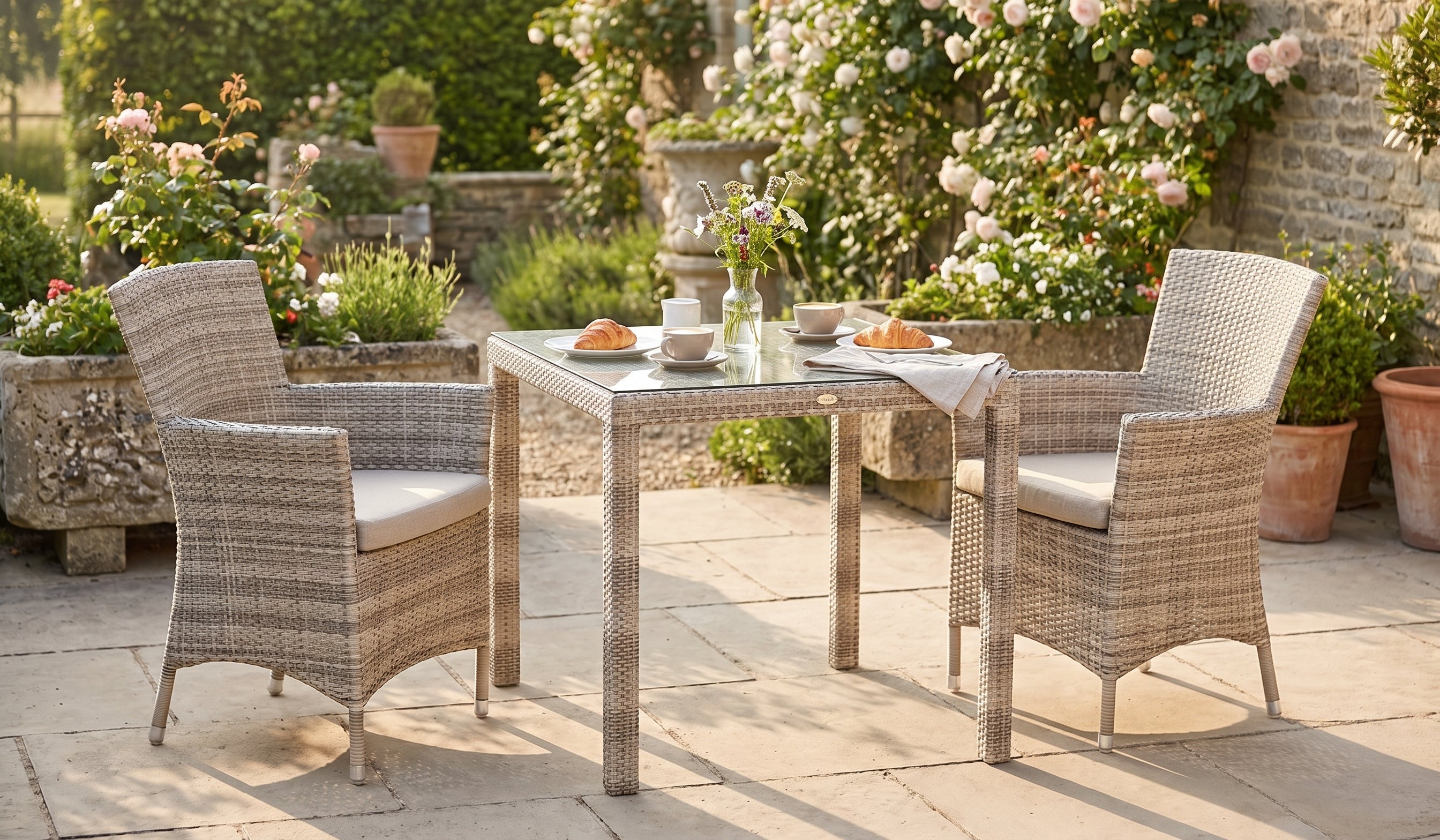 Outdoor patio set with table and chairs in a garden setting