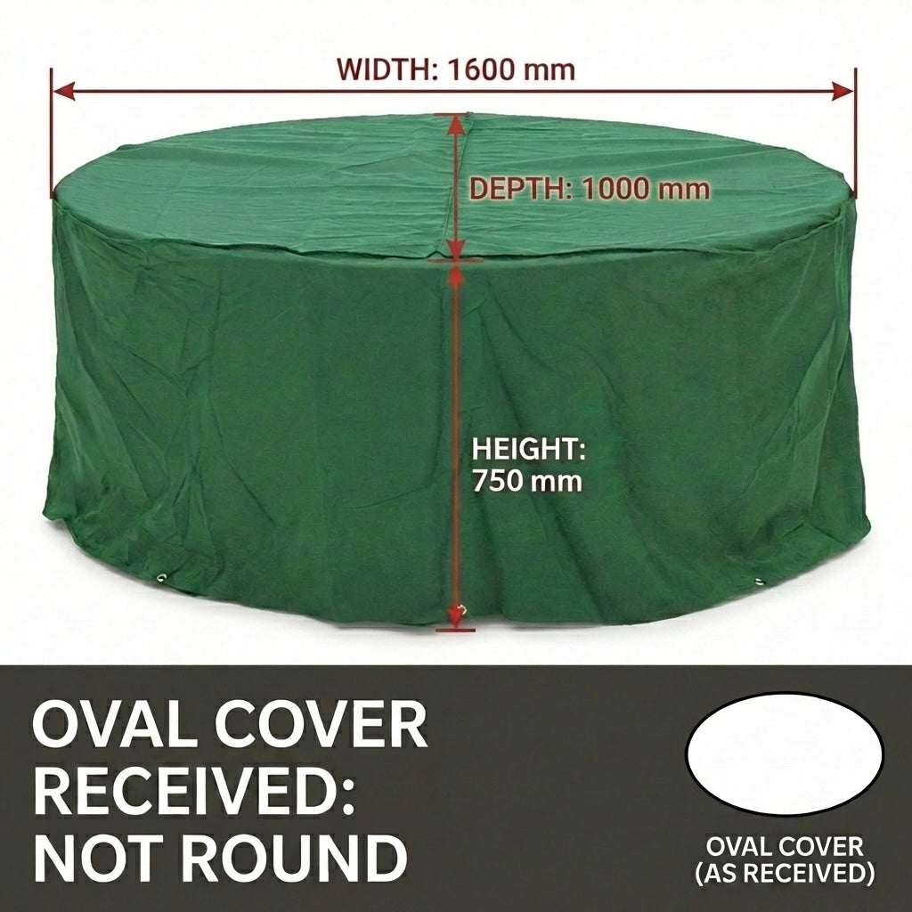 Green oval cover with dimensions on a white background