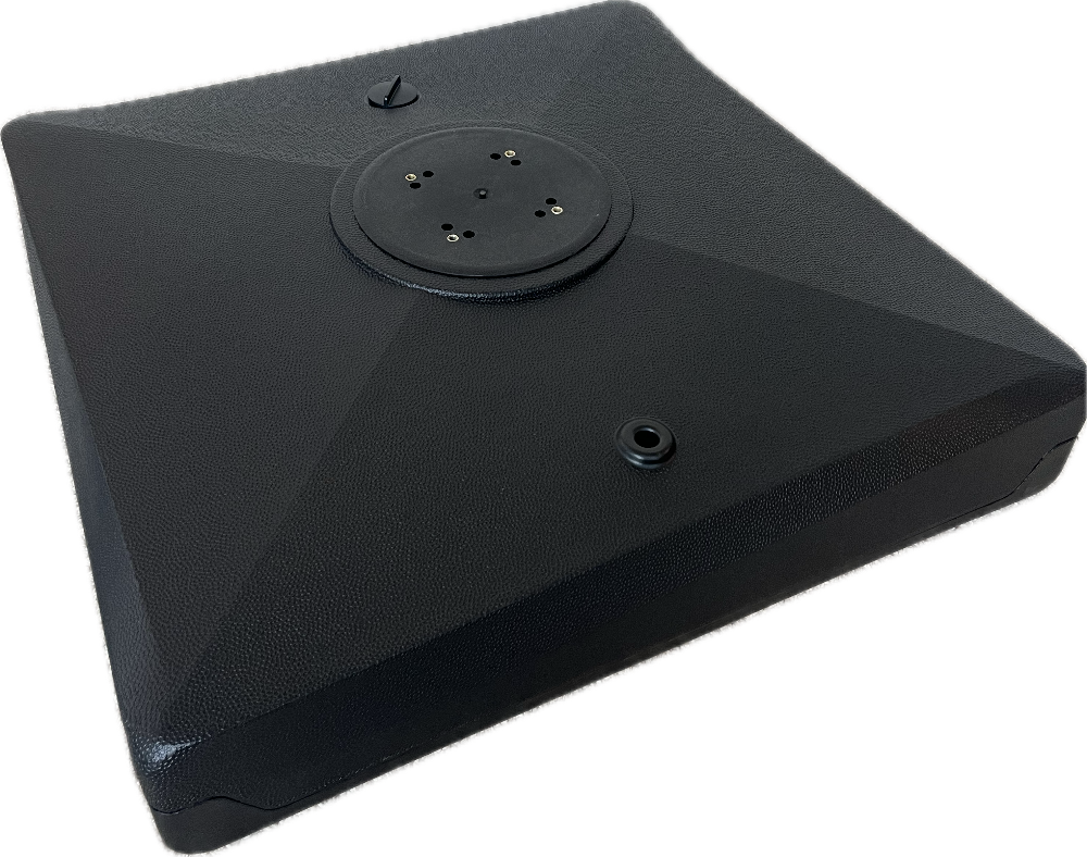 Black electronic device with a circular component on a white background