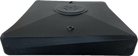 Black rectangular object with a circular component on a white background