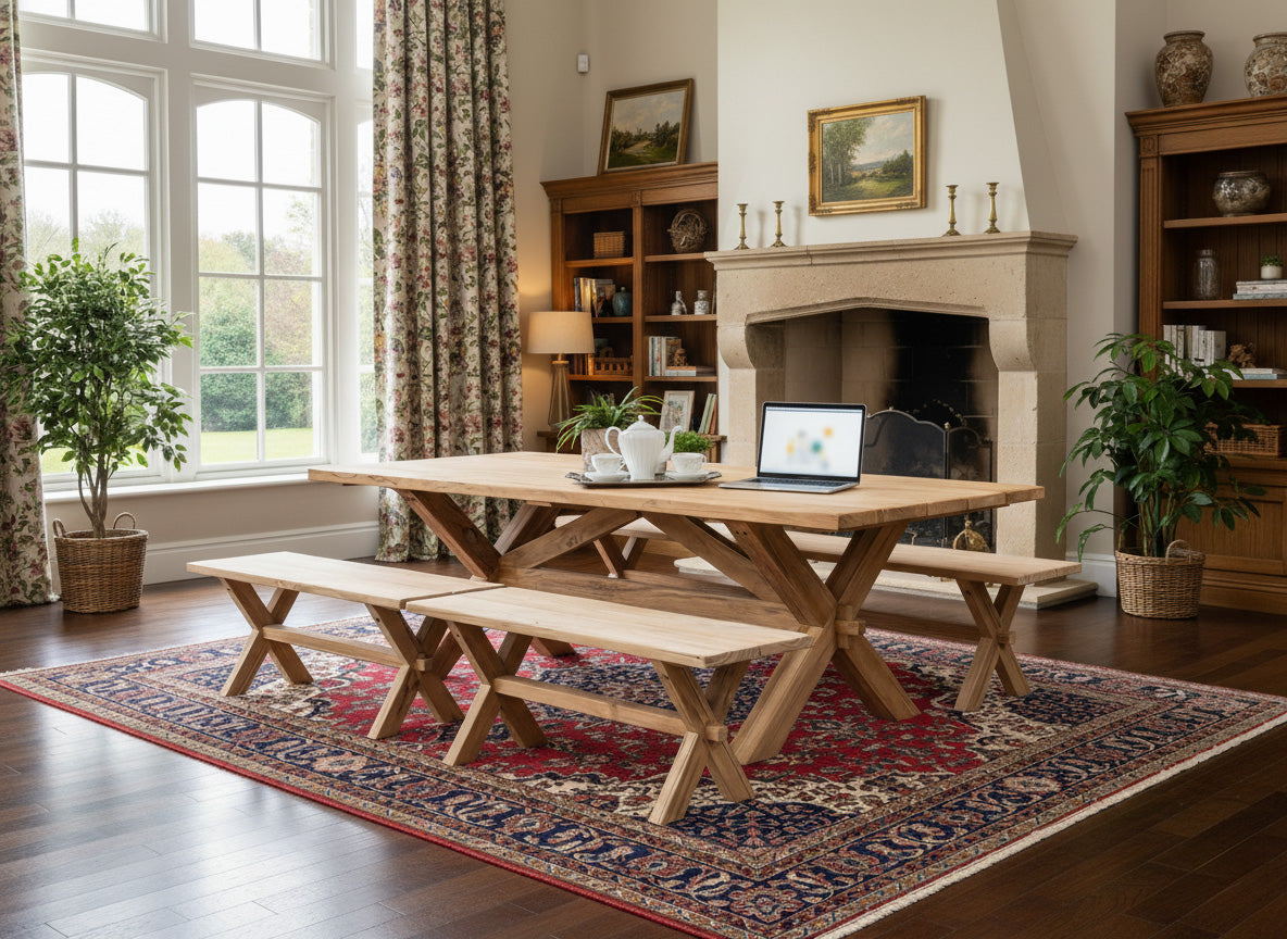 Wooden dining table with benches in a room with a fireplace and bookshelves.