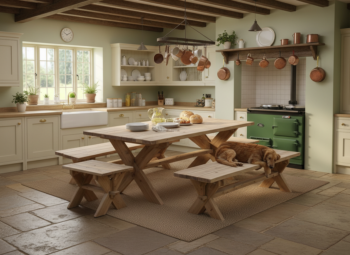 Kitchen with wooden table and chairs, green Aga oven, and various kitchen items.