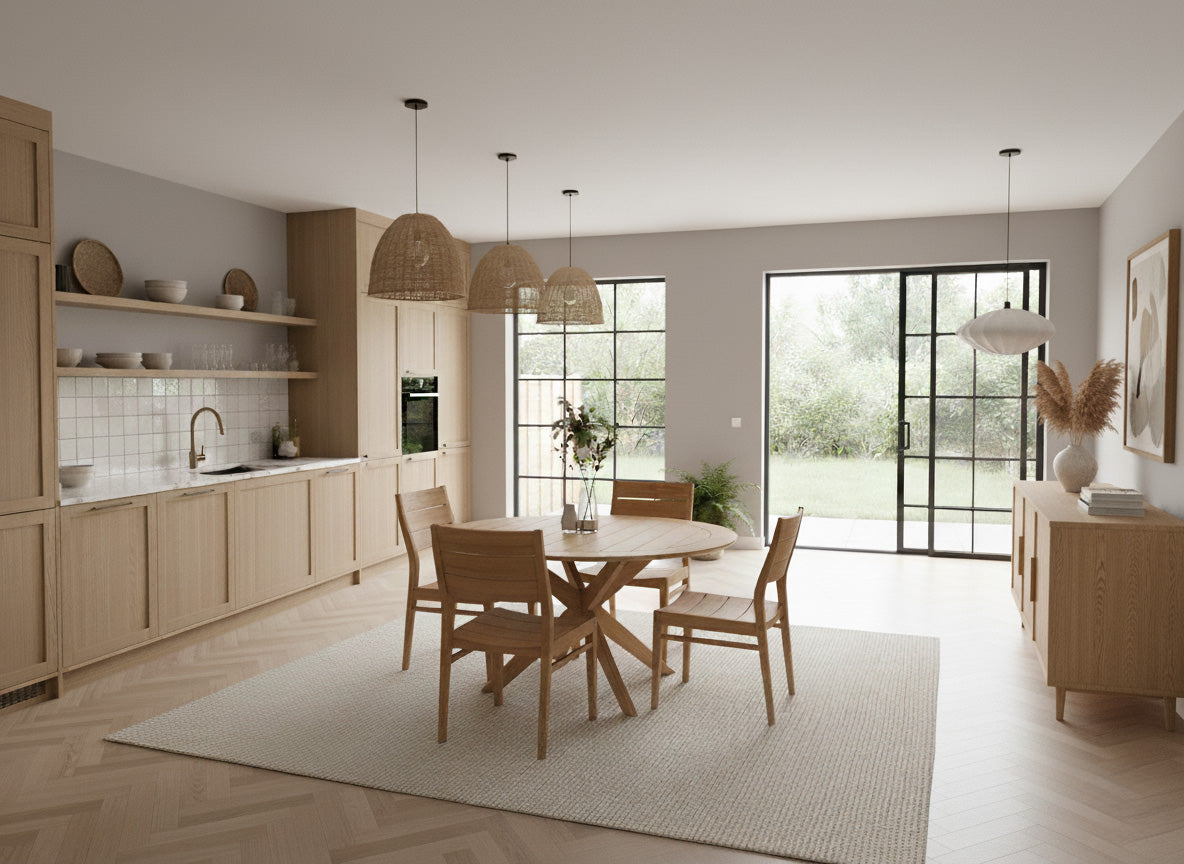 Modern kitchen and dining area with wooden furniture and large windows.