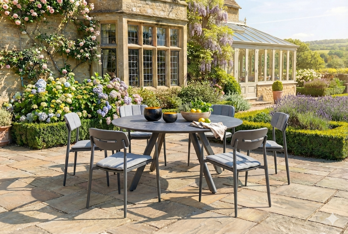 A 7-piece outdoor dining set consisting of a round dark grey table and six matching chairs with gray slatted backs and light blue cushions, arranged on a stone patio in front of a stone house with a glass conservatory.