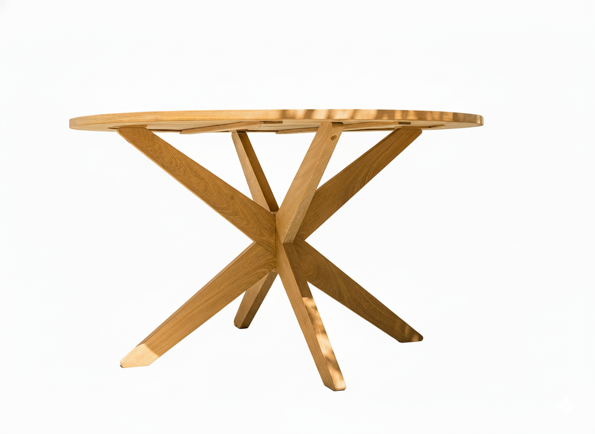circular wooden table with star-shaped legs