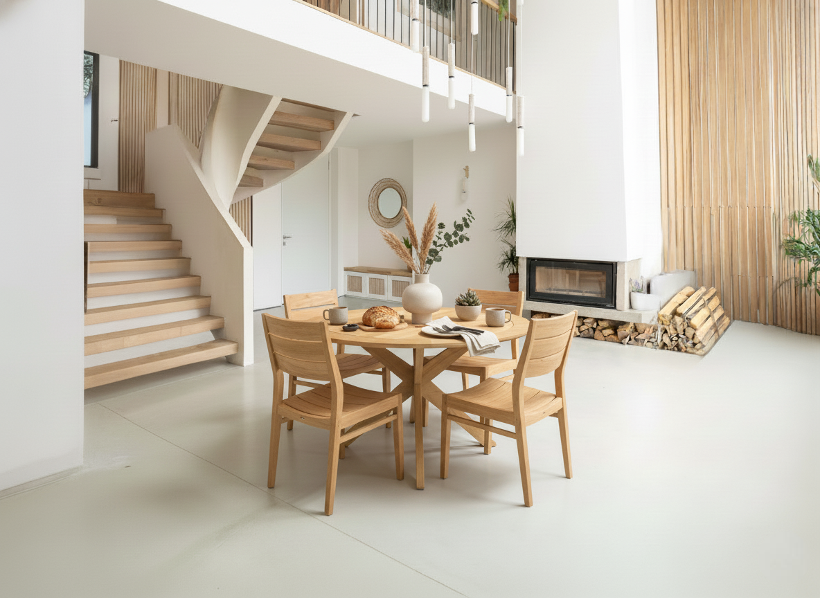 Dining area with wooden table and chairs in a modern home interior.