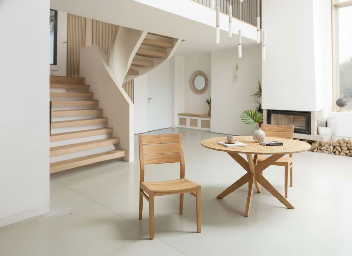 circular dining table with angular legs and two dining chairs in a modern open light room with stairs in the background
