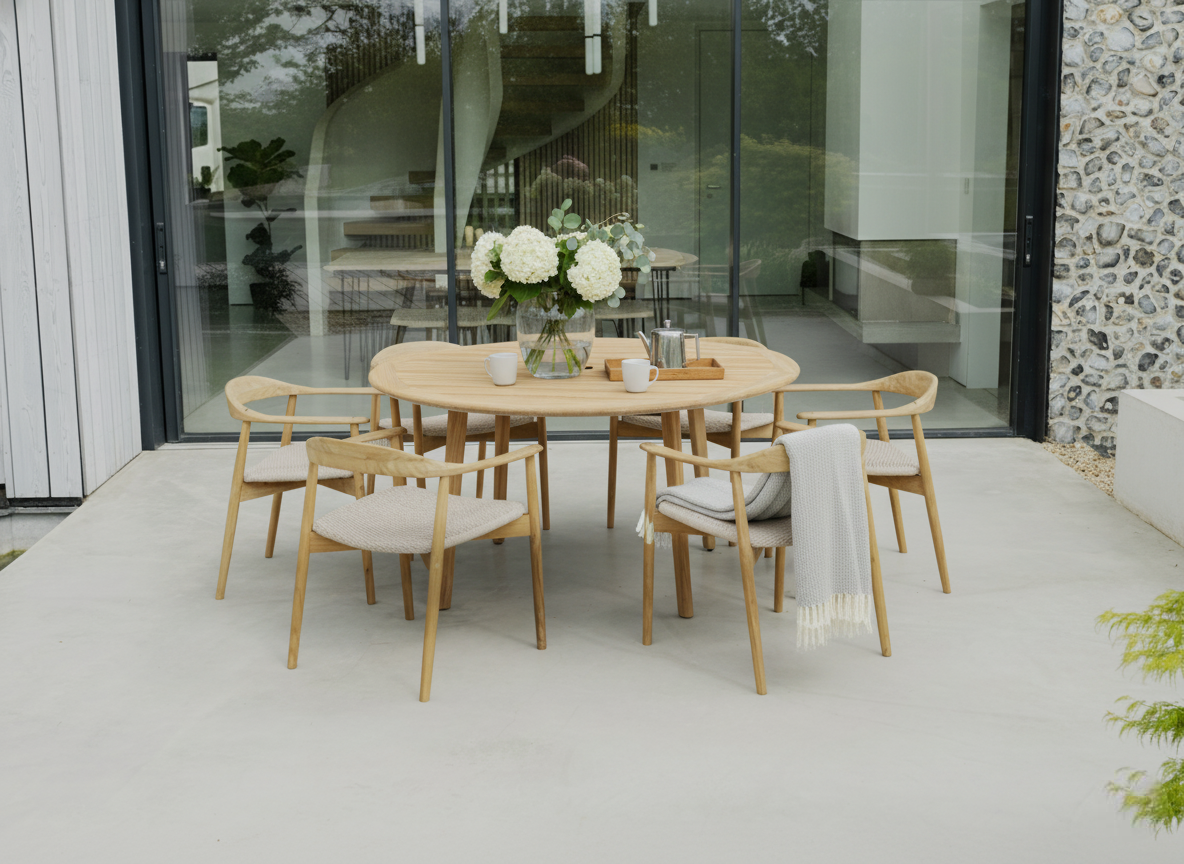 Dana round table with dana armchair set with decorative objects. 