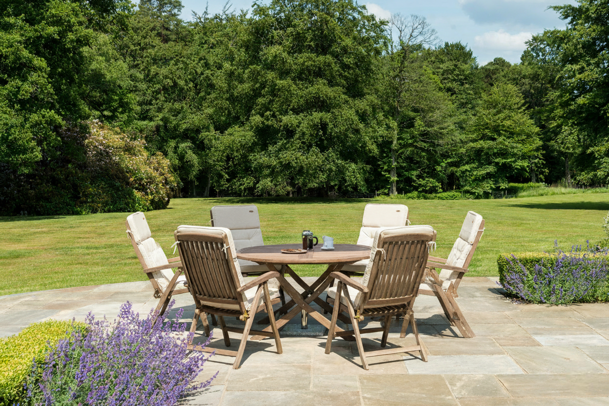 Outdoor patio set with wooden table and chairs on a stone patio with greenery in the background