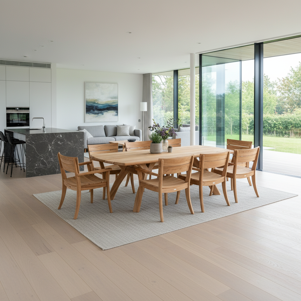 Modern kitchen and dining area with wooden table and chairs, large windows, and a view of greenery outside.