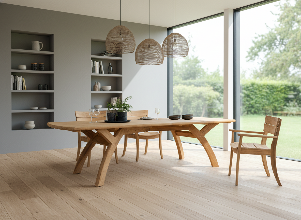 Modern dining room with stylish solid teak dining table and chairs looking through to lawn through sliding glass doors