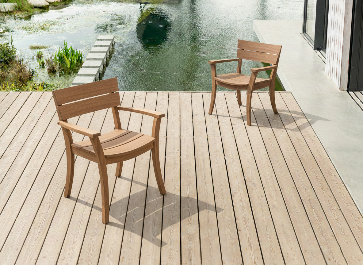 Two wooden chairs on a wooden deck by a pond