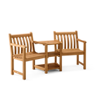 Wooden outdoor bench and table set on a white background