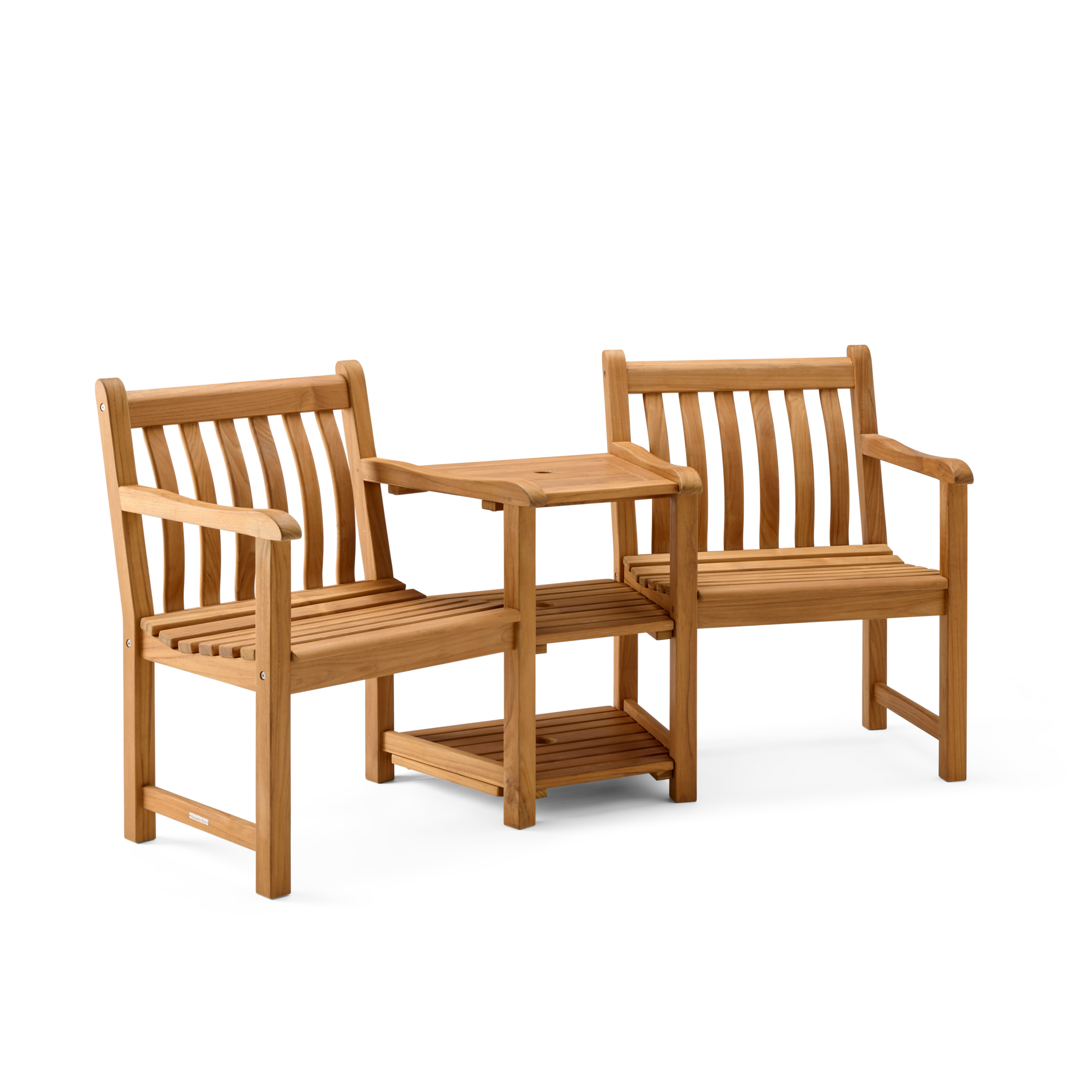 Wooden outdoor bench and table set on a white background