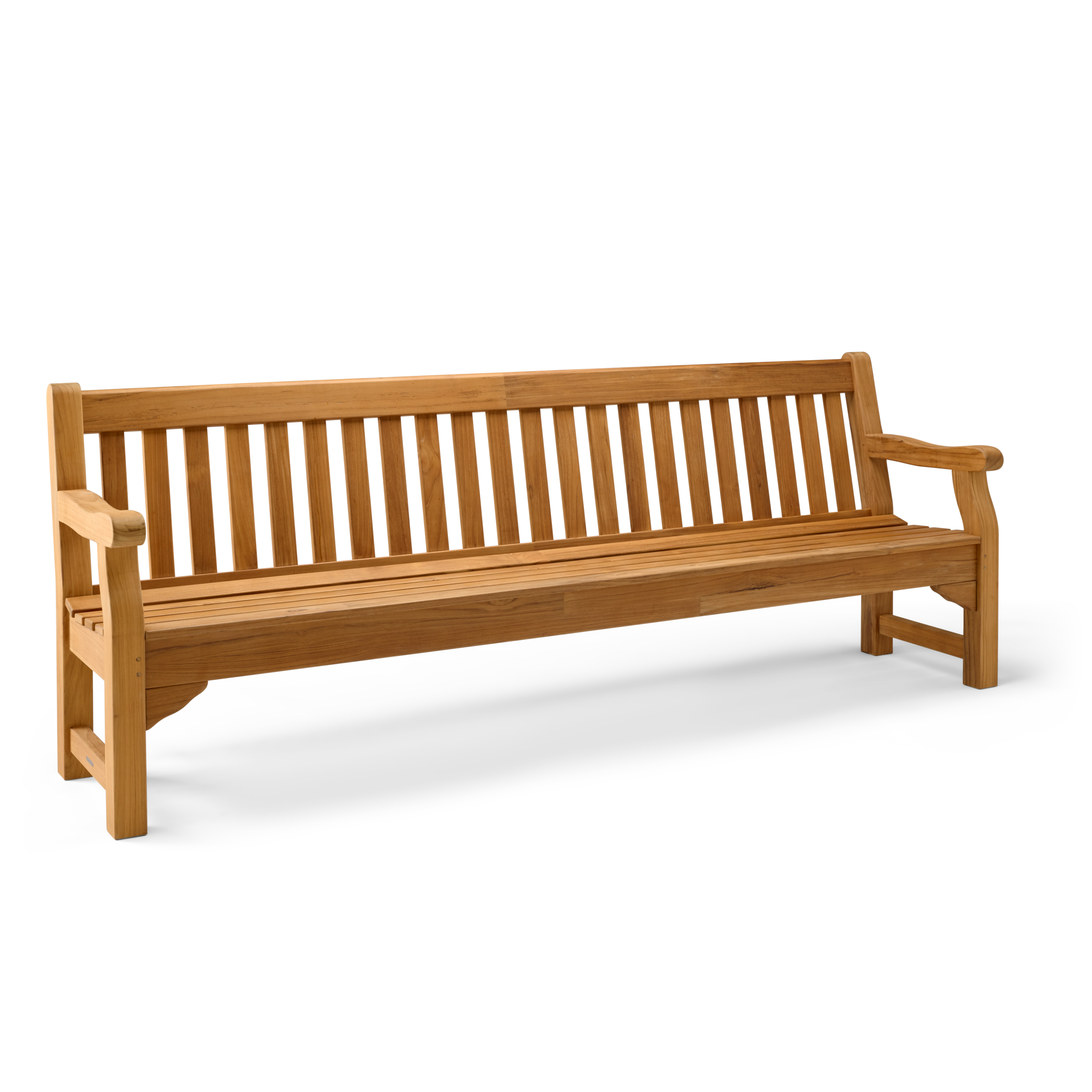 Wooden long teak bench on a white background