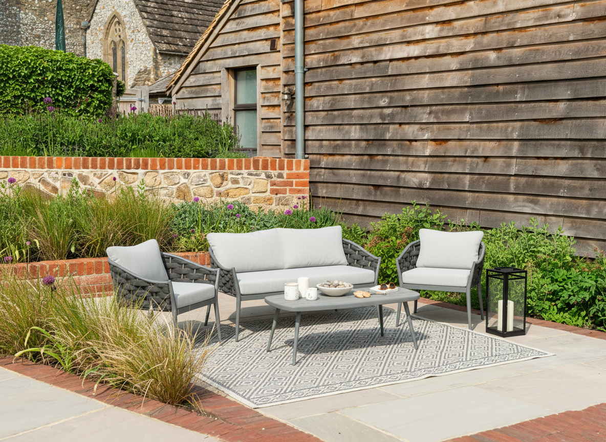 Outdoor patio set with sofa, chairs, and coffee table on a patio area with a wooden wall and garden in the background.