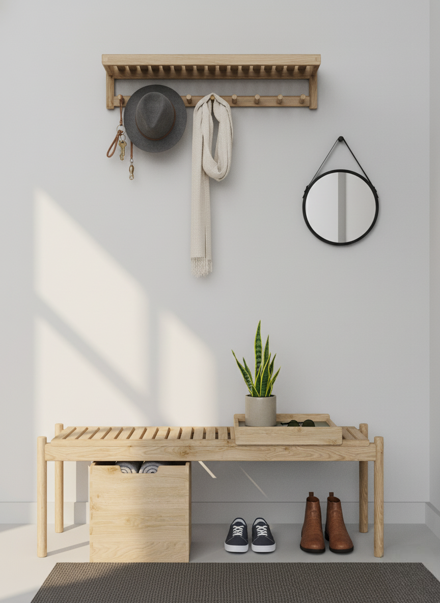 Light wooden indoor bench and coatrack