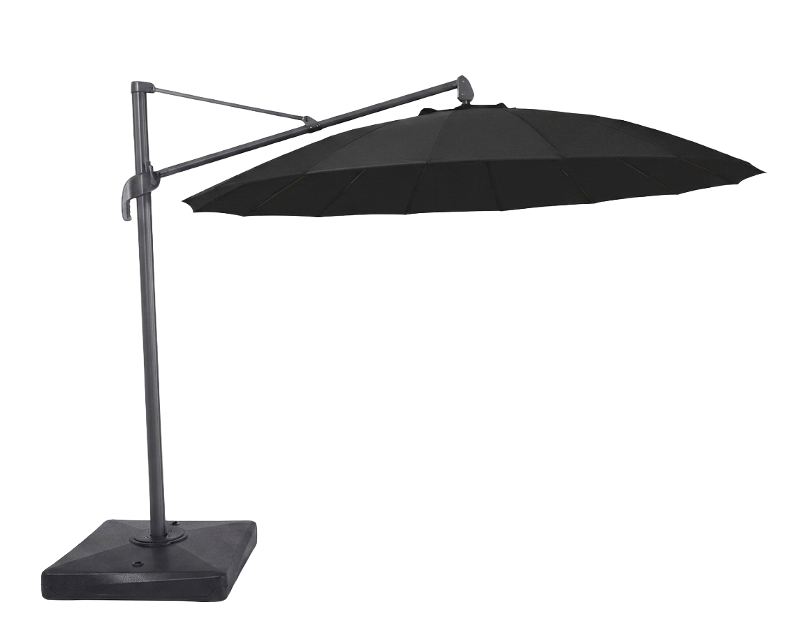 Black cantilever patio umbrella with a square base and adjustable arm, shown on a plain white background.
