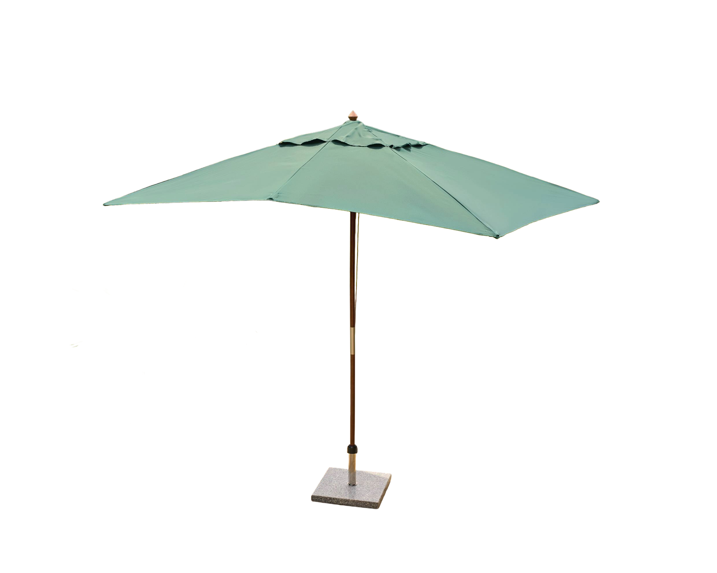 A square patio umbrella in a muted sage green color, featuring a dark brown metal pole, a square gray weighted base, and a top finial, isolated on a white background.