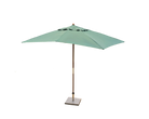 A square patio umbrella in a muted sage green color, featuring a dark brown metal pole, a square gray weighted base, and a top finial, isolated on a white background.