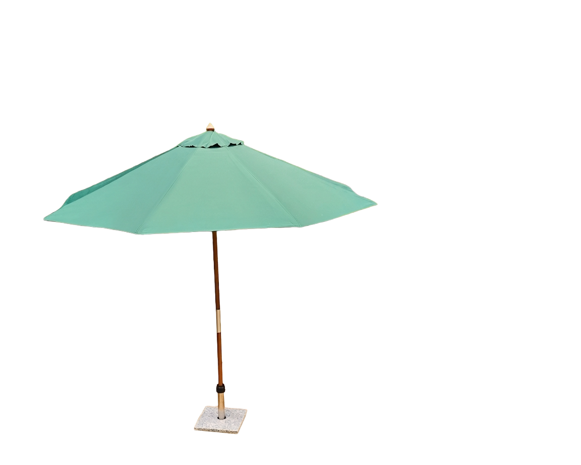 A mint green patio umbrella with a brown pole and a square metal base, isolated on a white background.