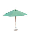 A mint green patio umbrella with a brown pole and a square metal base, isolated on a white background.
