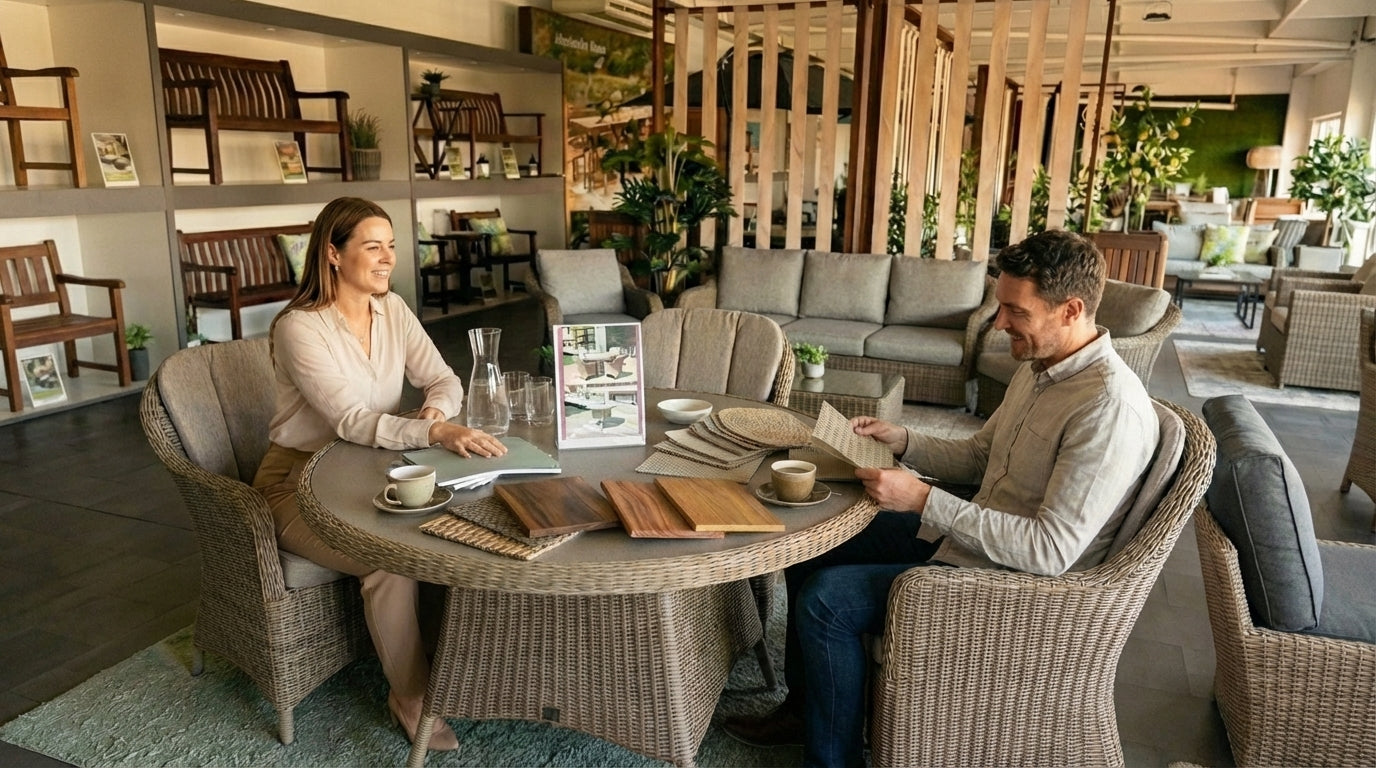 Man and woman sitting at a round table in a a showroom