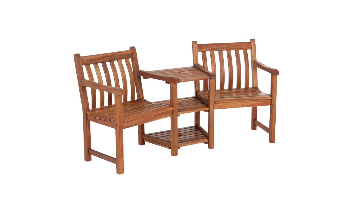 Wooden outdoor furniture set with two chairs and a small table on a white background